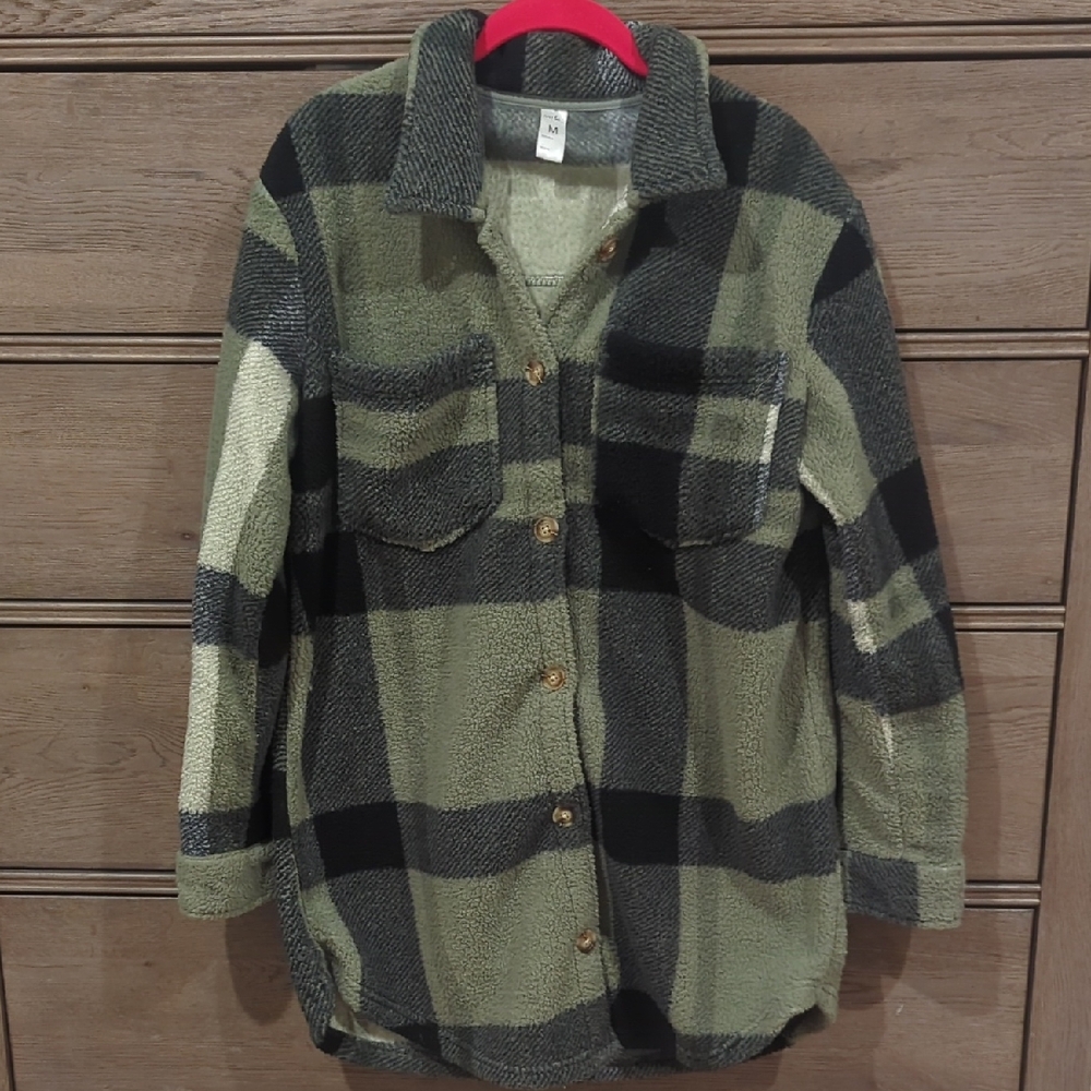 Just Be Green and Black Plaid Sherpa Jacket